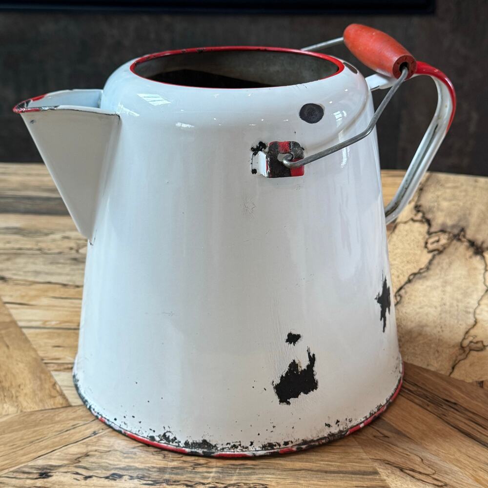 Vintage Red White Enamelware Coffee Pot Large Cowboy Kettle Wooden Handle 11"